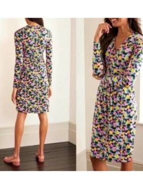 🩷Boden Layla Multicolor Abstract Palm Print Faux Wrap Long-Sleeve  Dress 10🩷